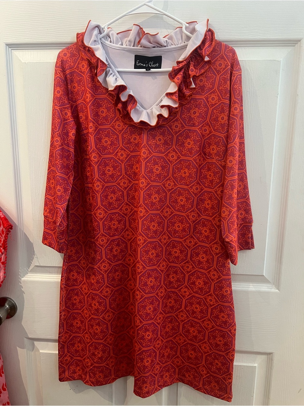 Orange Printed Ruffle-Neck Long Sleeve Dress